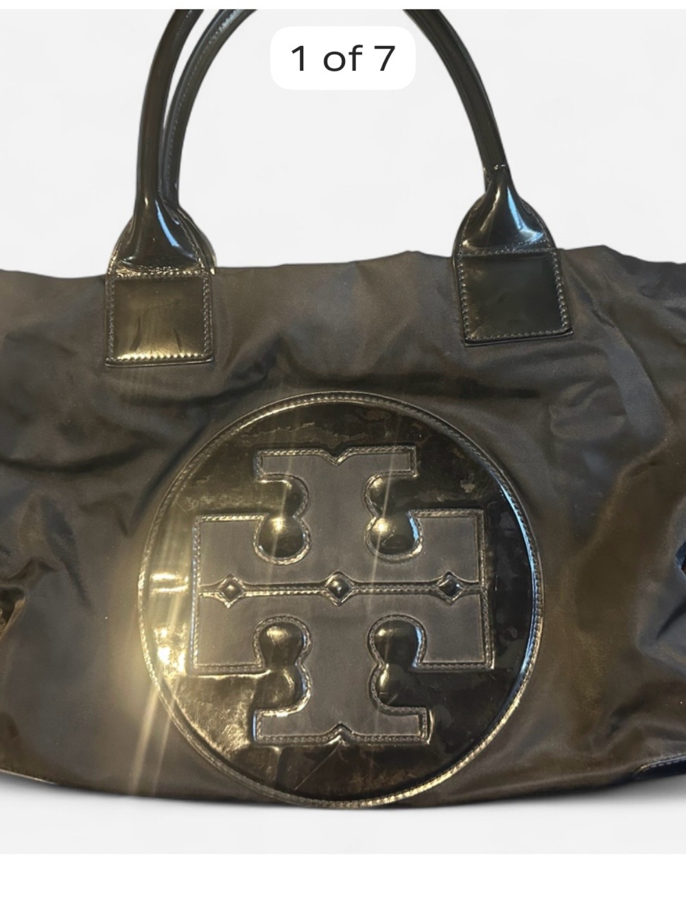 Tory Burch Black Tote Bag with Glossy patent leather Logo Accent